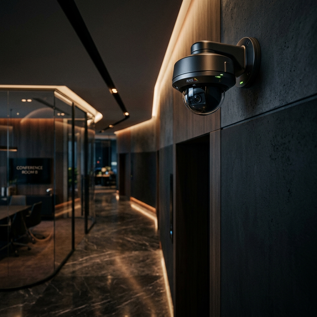 HD IP CCTV camera installed at commercial building entrance